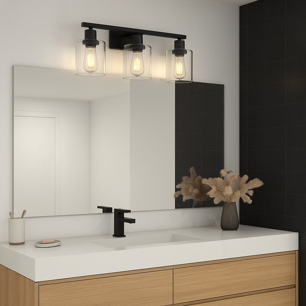 Bathroom vanity lighting above a modern mirror