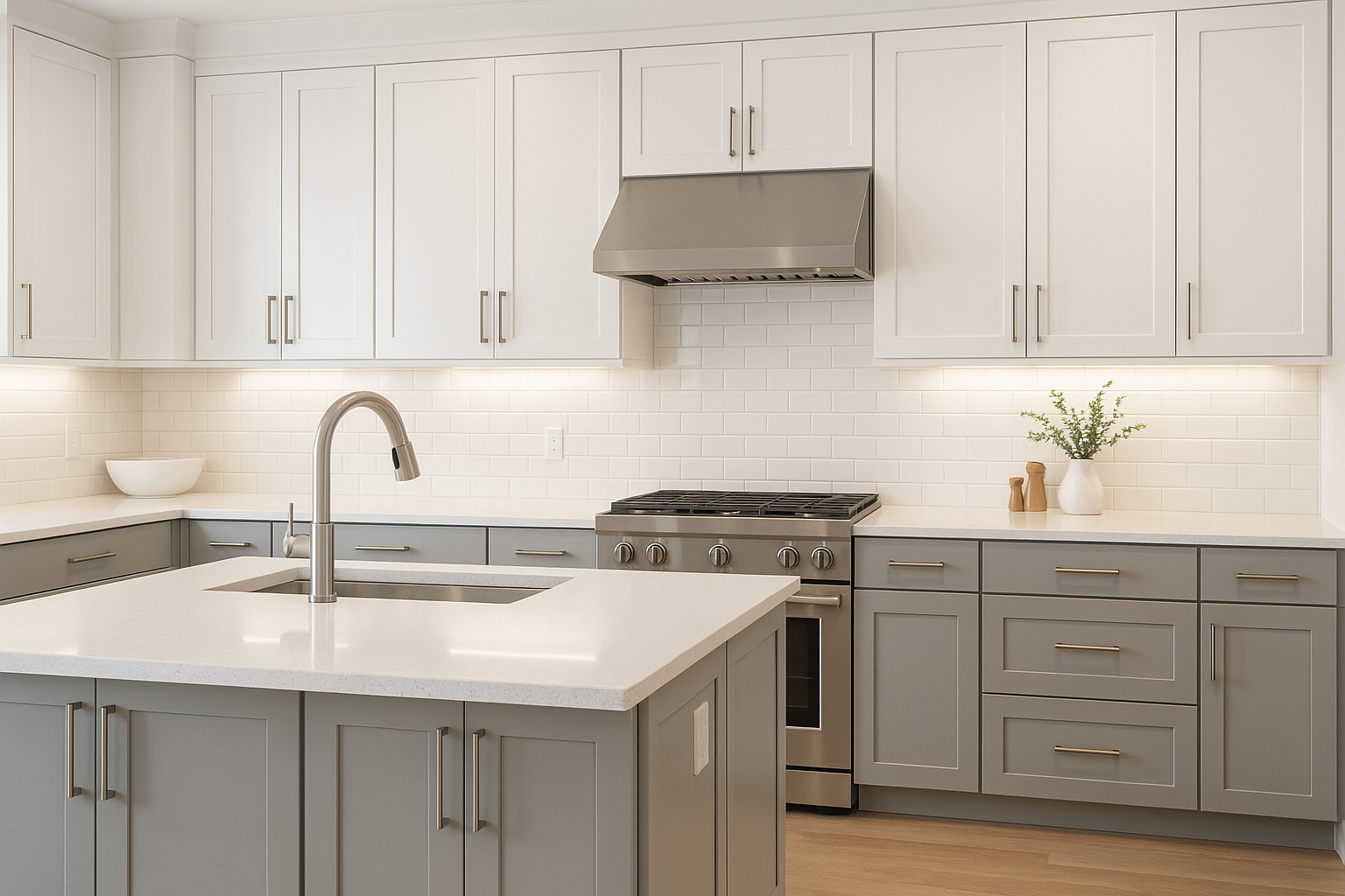 Modern kitchen featuring white Shaker cabinetry