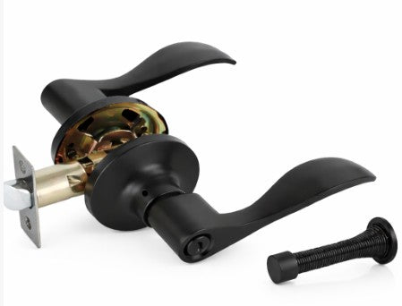 Door Lever , Wave Style , Privacy , w/Door Stop , Matte Black
