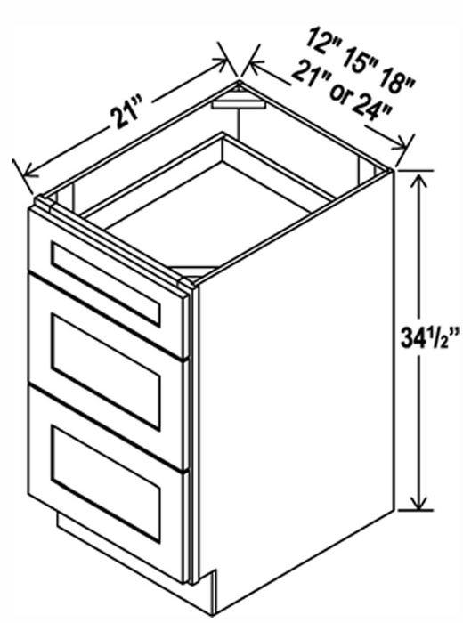 Vanity 3 Drawer Base , 12" , Shaker , Wood White