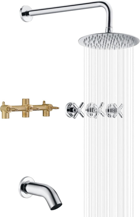 Tub/Shower Faucet w/ Valve , 3 Handle , Round 8" Shower Head , 12" Shower Arm , 7" Tub Spout  , Polished Chrome