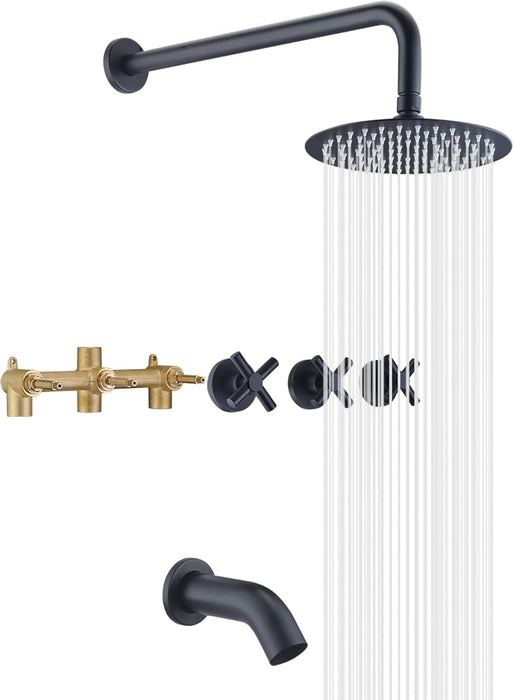Tub/Shower Faucet w/ Valve , 3 Handle , Round 8" Shower Head , 12" Shower Arm , 7" Tub Spout  , Matte Black