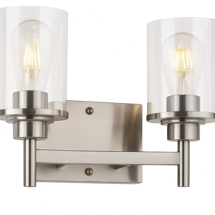 Vanity Light , 2 Light , Cylindrical Clear Glass , Brushed Nickel